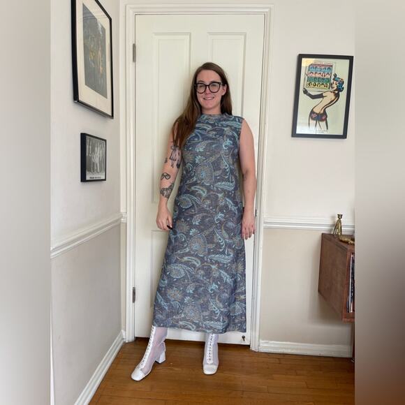 Vintage Dresses & Skirts - 60s-70s Blue Paisley Lurex Hostess Dress